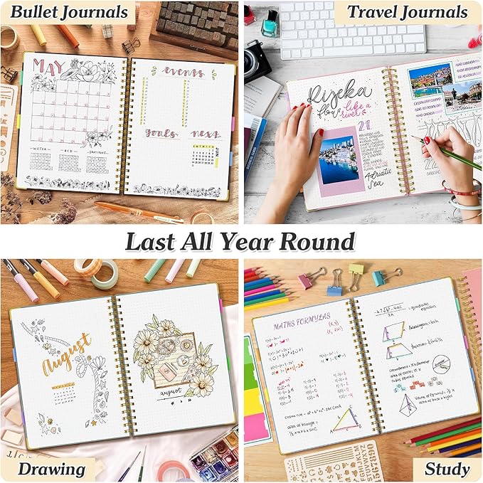 Bullet Dotted Journal Spiral Notebook, 300 Pages Leather Notebooks with Contens, 120 GSM Thick No Bleed Through Paper Journals, A5 Dot Grid Notebook for Women Men Work Writing, 5.5" x 8", Dark Blue