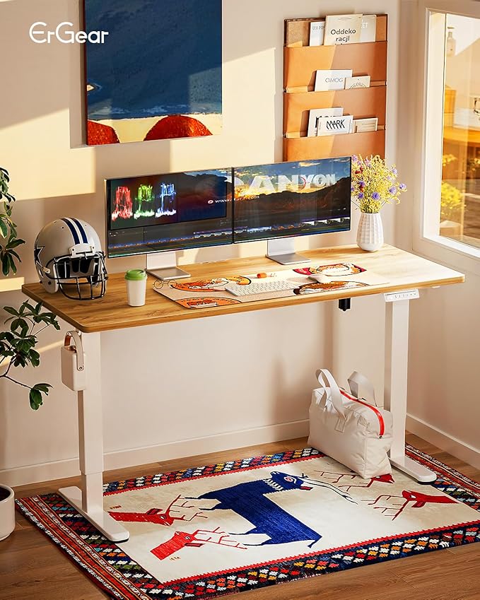 ErGear Height Adjustable Electric Standing Desk, 55 x 28 Inches Sit Stand up Desk, Large Memory Computer Home Office Desk with Two-Piece Desktop (Light Vintage Brown)