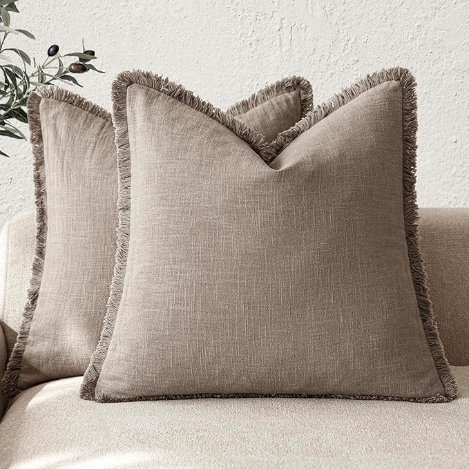 Foindtower Set of 2 Decorative Linen Fringe Throw Pillow Covers Cozy Boho Farmhouse Cushion Cover with Tassels Soft Accent Pillowcase for Couch Sofa Bed Living Room Home Decor,26×26 Inch,Brown Tan