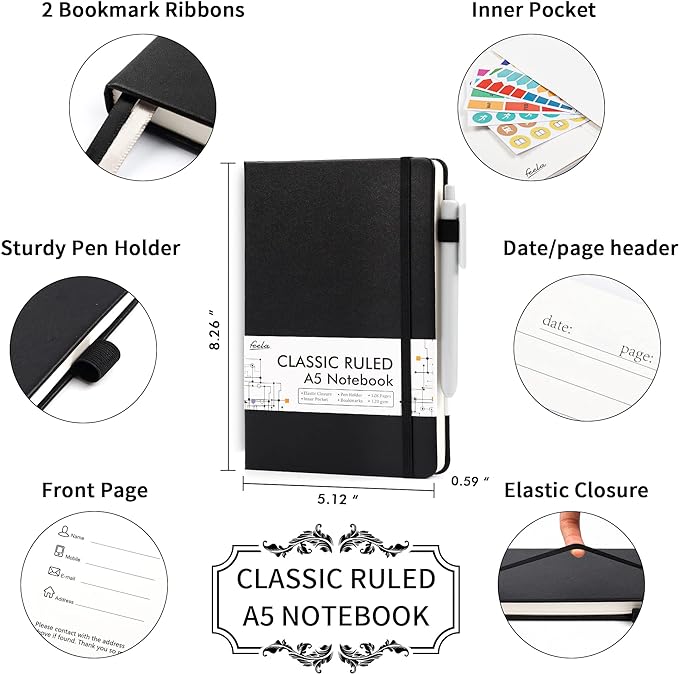 24 Pack Journal Notebook for Work, Feela Business Notebook Bulk Hardcover Lined Writing Journal with Pen Holder for Men Women Note Taking, with 24 Black Pens, 120 GSM, 5.1”x8.3”, A5, Black