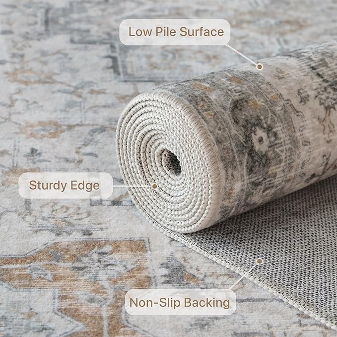 GENIMO 6x9 Area Rugs for Living Room, Machine Washable Low Pile Rugs, Chenille Non Alip Vintage Rug for Bedroom, Dining Room, Home Office, Light Taupe Brown