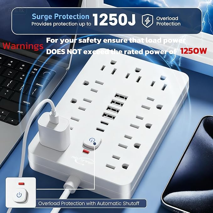JouleLoom 2 Pack 6 FT Flat Plug Surge Protector Power Strip,11 Multiple AC Outlets with 6 USB Ports (2 USB C), 6 Feet Extension Cord, 1250W/10A, One Touch Switch Button, 17 in 1 Compact powerstrip