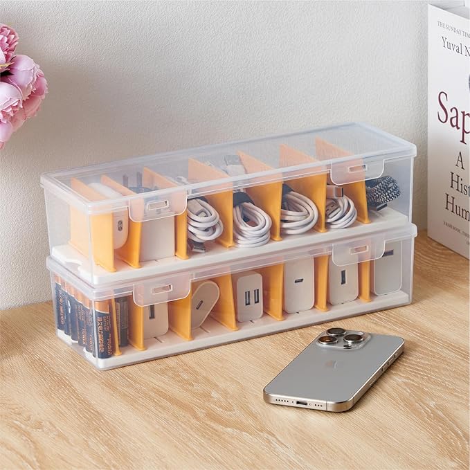 Fzooua Cable Organizer Storage Box with 8 Cable Ties, Clear Phone Charger Organizer Case Wire Organizers for Cords Electronic Storage Box for Drawer Desk Office Home (1 Pack)