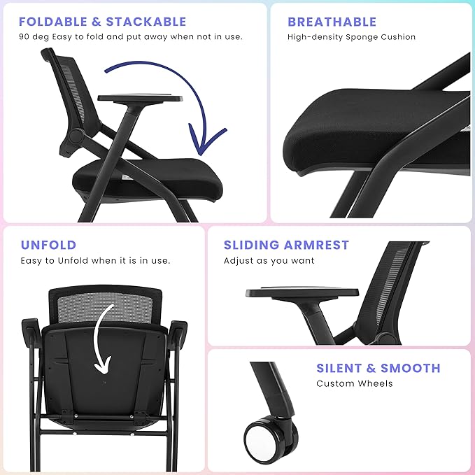 BROBRIYO 2 Pack Stackable Conference Room Chairs with Wheels and Paddle, Ergonomic Mesh Back and Arms for Meeting, Conference, Reception, Training Room & Home Office Desk Folding Chairs