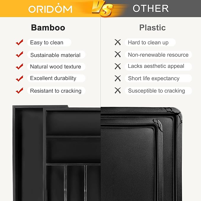 oridom Large Premium Bamboo Silverware Organizer - Expandable Drawer Organizer & Utensil Organizer - 17"x19.7" Cutlery Tray with Dividers for Kitchen Utensils and Flatware (7-9 Slots) (Black)