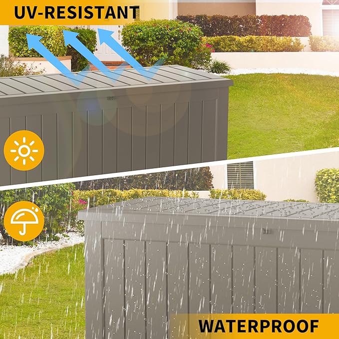 Decksplore 270 Gallon Outdoor Storage Box Waterproof Lockable Resin Deck Box Large, Patio Storage Bin for Pool Accessories Cushion Furniture, Garden Tools, UV-Resistant Outside Delivery Grey