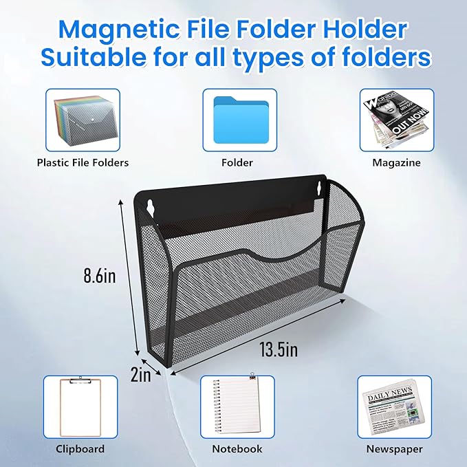 KZWKRG 2PCS Magnetic File Holder - No Drilling Magazine Paper Document Holder, Magnetic File Paper Mail Organizer, Magnetic Hanging File Organizer for File Cabinets, Office, Whiteboard
