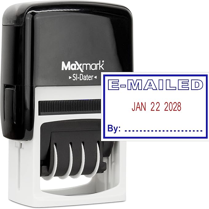 MaxMark Office Self Inking Date Stamp with Phrase E-Mailed - 2 Color Blue/Red Ink