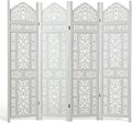 5.75Ft Room Divider Wood Screen, 33Lbs Durable Antiqued Style MDF Carved Headboard, Reversible Freestanding Folding Partition Paravent for Home Office, 69 * 71 inch(H*W) - 4 Panels (Rustic White)