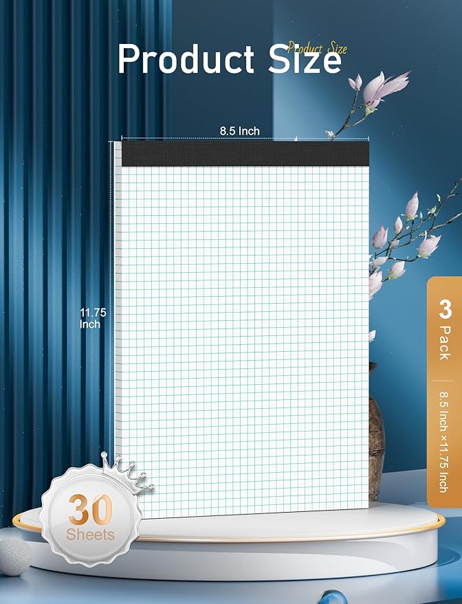 Zaviko Grid Paper Pads 8.5 x 11, 3 Pack, 4x4 Blue Quad Graph Paper Pads 8.5 x 11, White Quadrille Pad, Easy Tears Off, Cardboard Backing, Grid Notebook 8-1/2" x 11", 70 GSM Graft Paper, 30 Sheets/Pad