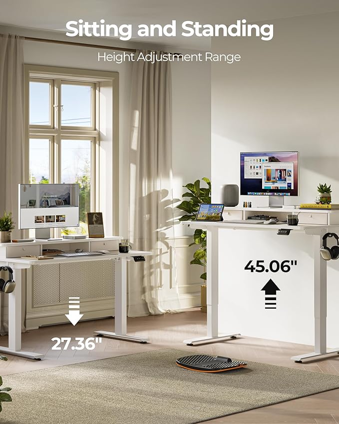 FEZIBO 48 x 24 Inch Height Adjustable Electric Standing Desk with Double Drawer, Stand up Home Office Computer Desk with 4 Height-Adjustable Feets & 2 Hooks, White