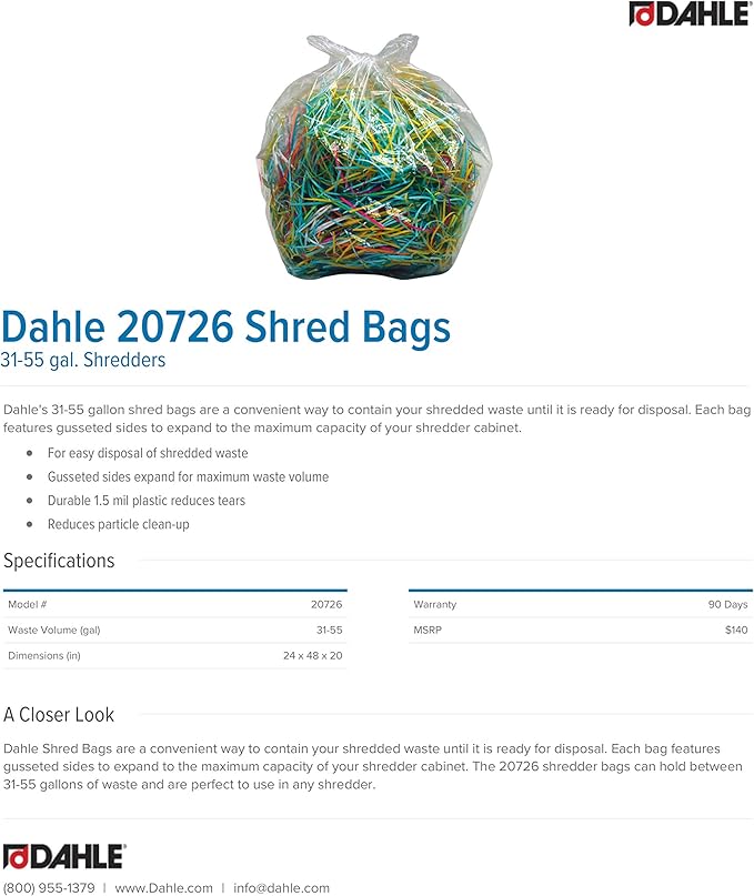 Dahle 20726 Shred Bags w/Gusseted Sides for Maximum Capacity, for Dahle 31-55 gal. Shredders (Pack of 100)
