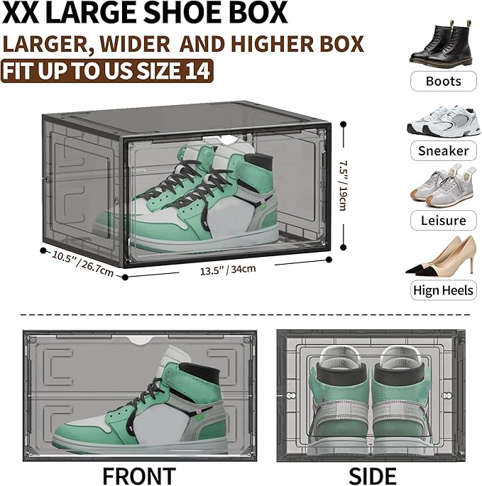 TOFWOF 12 Pack XX Large Shoe Organizer, Heavy-Duty Hard Thicken Plastic Clear Stackable Shoe Storage Box Organizer for Closet, Space-Saving Shoe Rack Display Case Bin Containers for Sneakers, Grey