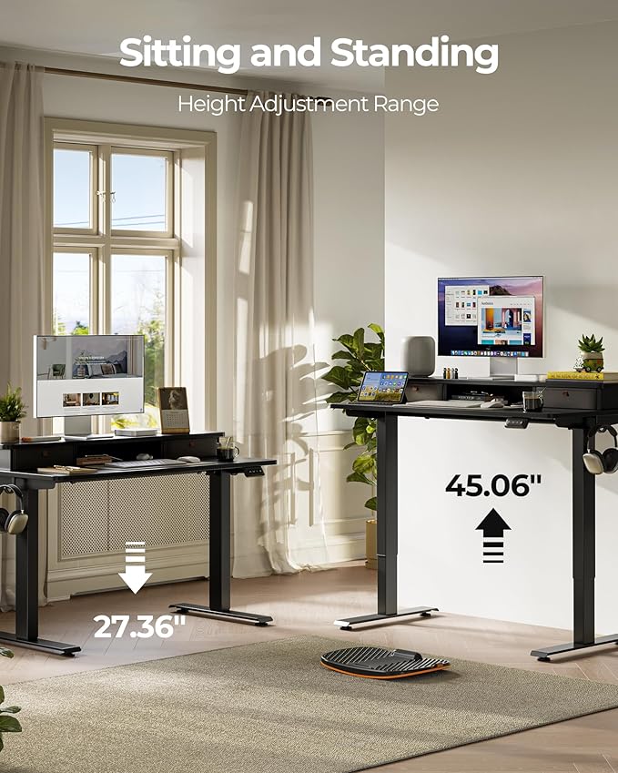 FEZIBO 48 x 24 Inch Height Adjustable Electric Standing Desk with Double Drawer, Stand up Home Office Computer Desk with 4 Height-Adjustable Feets & 2 Hooks,Black