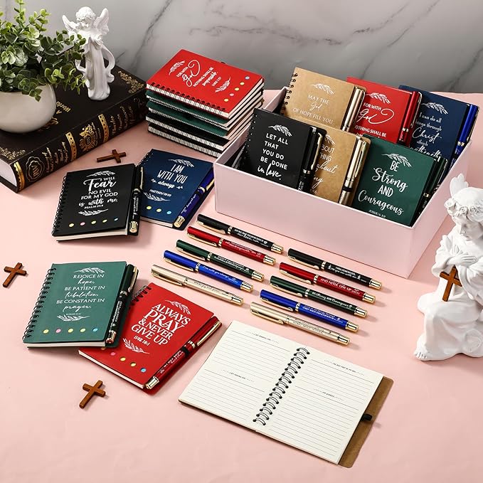 Spakon 50 Set Valentine's Day Christian Gifts Bulk Church Sticky Note Spiral Notebook Bible Verse Ballpoint Pen Prayer Journal Religious Scripture Notepad Sunday School Teacher Pastor Party Favor
