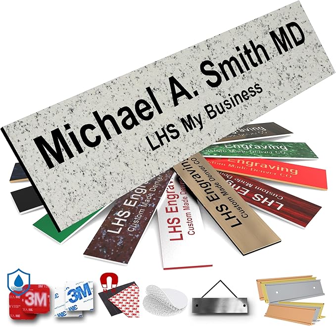 Door Name Plate Personalized for Office Stone Granite Plastic Name Plate Black Letters - Made in USA 2x8 S3