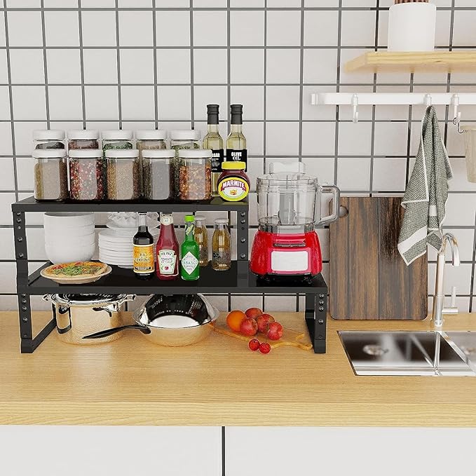 Jojocross Expandable Cabinet Shelf Organizer Storage Spice Rack Shelves for Kitchen Stackable Adjustable Pantry Cupboard Bathroom Countertop Desktop(1Pack/Black/Large)