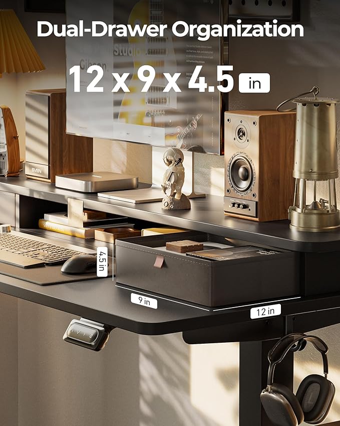 FEZIBO 55 x 24 Inch Height Adjustable Electric Standing Desk with Double Drawer, Stand up Home Office Computer Desk with 4 Height-Adjustable Feets & 2 Hooks, Black