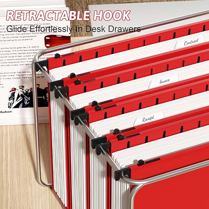 Nordun Plastic Hanging File Folder Extra Capacity,12 Pack Reinforced Hang Folders with Heavy Duty 2 Inch Expansion,Filing Cabinet Folders Letter Size,Hanging Organizer Designed for Bulky Files(Red)