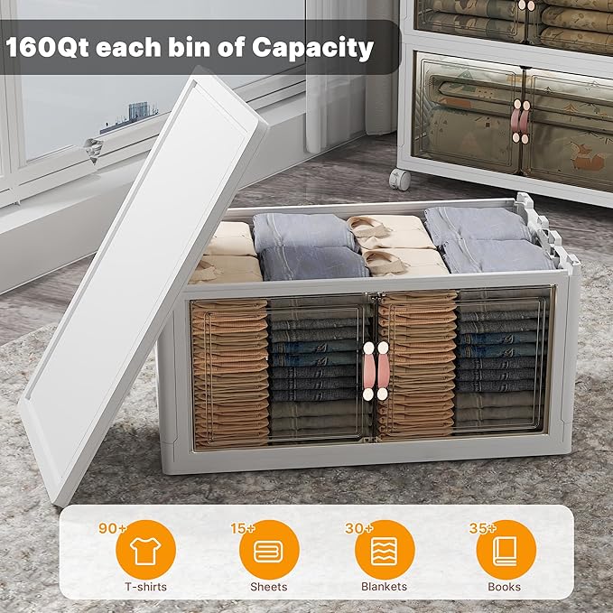 UAMFURI Extra Large Stackable Storage Bins with Lids & Wheels & Door, 640QT-160QT/40GAL*4Pack Foldable Collapsible Closet Organizers, Plastic Containers Drawers for Bedroom Dorm Garage Sturdy MAX