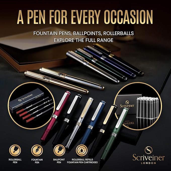 Scriveiner Silver Chrome Fountain Pen - Stunning Luxury Pen, Real Gold Finish, Schmidt Gilded Nib (Broad), Best Gift Set for Men & Women, Professional, Executive Office, Nice Designer Pens