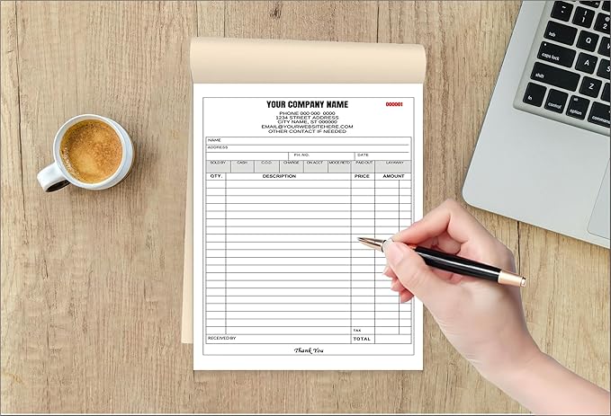Custom Carbonless Invoice Book with Logo, Personalized Cover & Inner Pages, 2 Part NCR Receipt & Work Order Forms, Easy Tear, Writing Shield for Small Business (2-Part [White/Red], 10.24 * 7.48INCH)