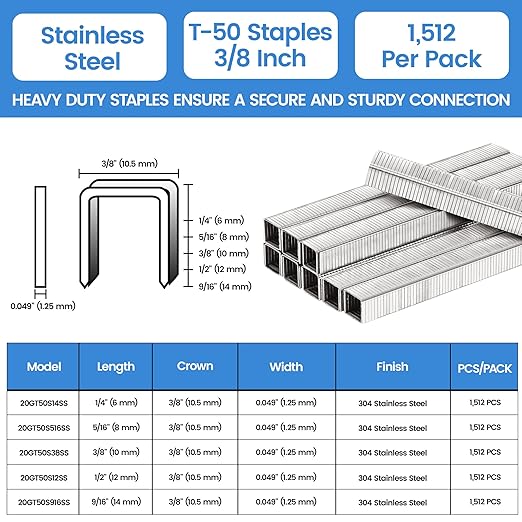 meite T-50 Heavy Duty Staples Marine, 3/8 Inch 304 Stainless Steel Staples for Staple Gun, 20 Gauge 3/8 Inch Crown Upholstery Staple for Marine Applications (1 Case)