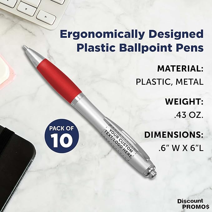 DISCOUNT PROMOS Personalized Ballpoint Pens With Rubber Grip, 10 pack Customizable Ergonomic Click-to-Write Custom Writing Pens for School with Black Ink, Red