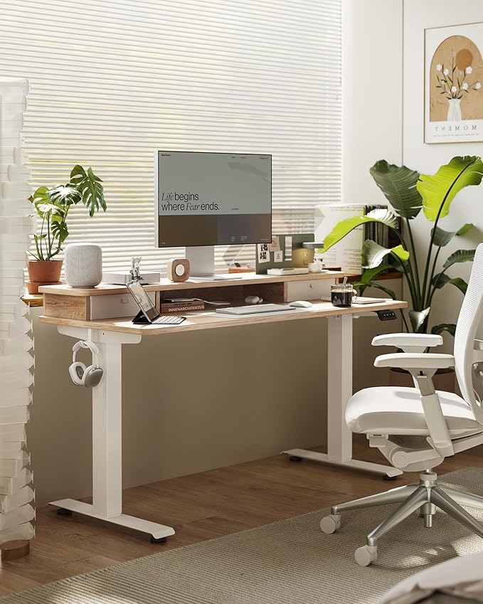 FEZIBO 55 x 24 Inch Height Adjustable Electric Standing Desk with Double Drawer, Stand up Home Office Computer Desk with 4 Height-Adjustable Feets & 2 Hooks, Maple