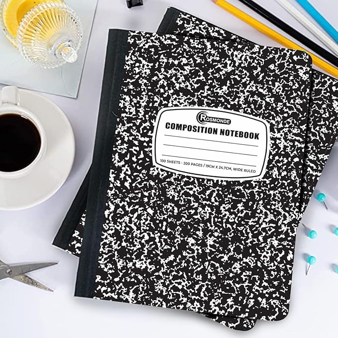 Rosmonde 50 Pack Composition Notebooks Bulk Wide Ruled, 200 Pages (100 Sheets), 9-3/4 x 7-1/2, Hard Cover, Bulk Black Marble Composition Notebook, Bulk Office Notebooks, Bulk Notebooks School Supplies