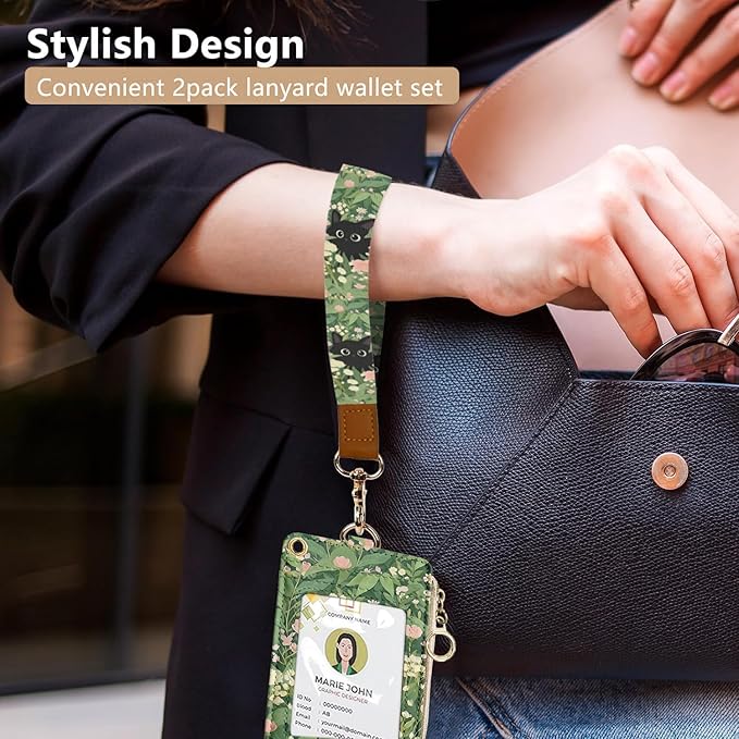 bolimoss Black Cat Lanyard Wallet with Id Badge Holder, Cute Flower Zippered Coin Pouch Credit Card Holder, Women Small Wallet with Removable Wristlet & Neck Lanyard, 5 Card Slots, Ring Keychain