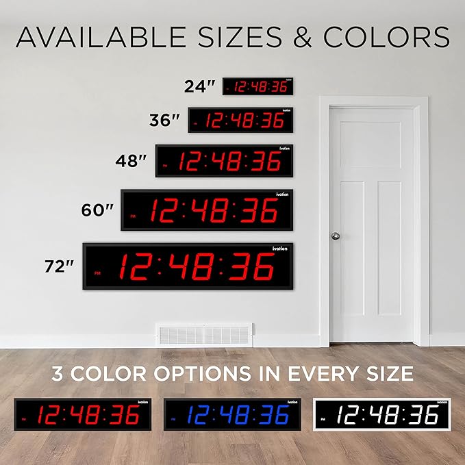 Ivation Huge Oversized 48" Large Digital LED Clock | Big Digital Clock w/Multi-Function Display – Stopwatch, Timer, Alarms, Temp & Date | 6 Brightness Levels, Time Memory & Remote (Red)