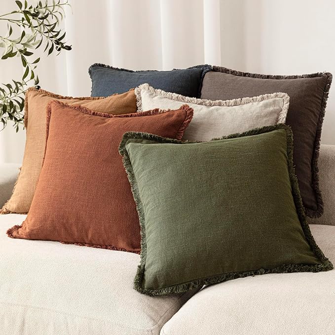 Foindtower Set of 2 Decorative Linen Fringe Lumbar Throw Pillow Covers Farmhouse Cushion Cover with Tassels Accent Pillowcase for Couch Sofa Bed Living Room Home Decor,12×20 Inch,Autumn Rust Orange