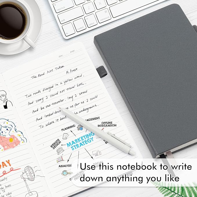 feela 8 Pack Journal Notebook Bulk for School, Hardcover Business Notebooks Classic Ruled Lined Journals with Pen Holder for Work Note Taking, with 8 Black Pens, 120 GSM, 5.1”x8.3”, A5, Gray