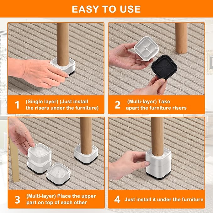 shouwuhho 12 Pack Furniture Risers Adjustable Bed Risers Heavy Duty Lifts Height 1", Square Stackable Bed Risers 1, 2 or 3 Inch for Desk Leg Table Couch Sofa Chair Bed Frame Legs Dorm, White