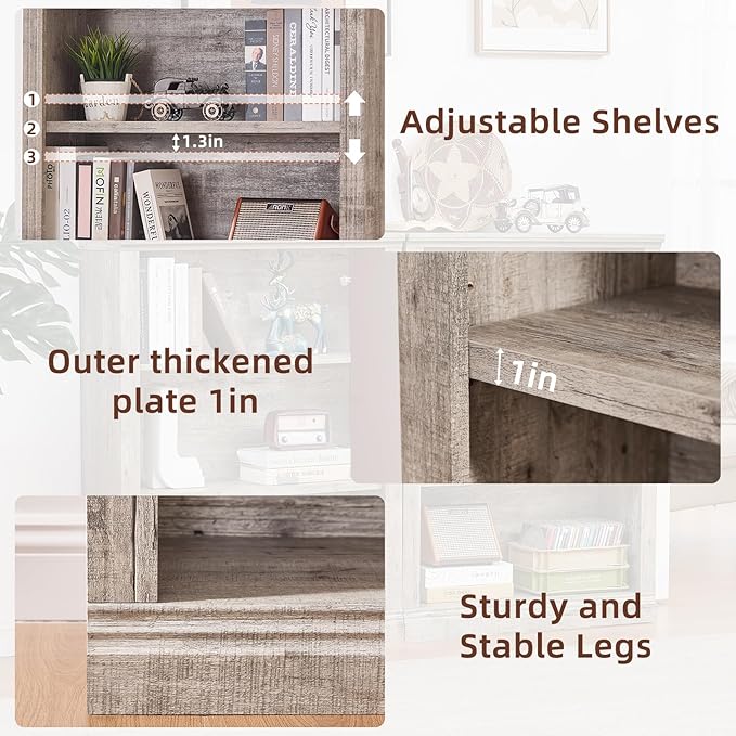 RWYHG 43" Grey Tall Bookshelf Set of 4,3-Tier Thick Wooden Book Shelf with Adjustable Shelves,Free Standing Farmhouse Bookcase with Open Display Storage,Floor Vintage Bookshelves for Living Room