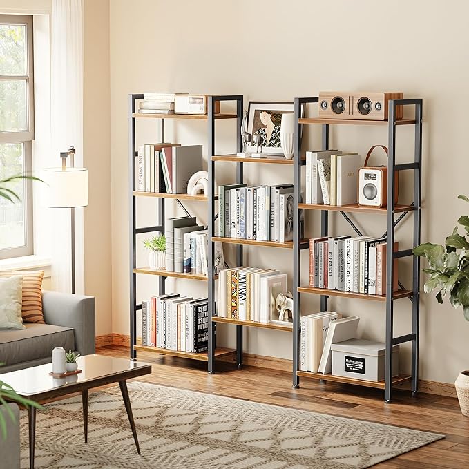 SUPERJARE Triple 4 Tier Bookshelf, Bookcase with 11 Open Display Shelves, Wide Book Shelf Book Case for Home & Office, Rustic Brown