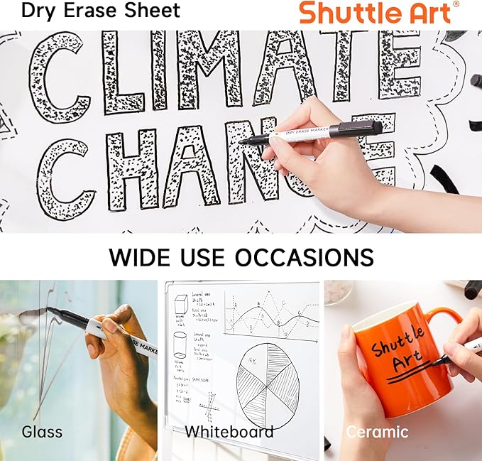 Shuttle Art Black Dry Erase Markers, 60 Pack Magnetic Whiteboard Markers with Erase,Fine Point Dry Erase Markers Perfect For Writing on Whiteboards, Dry-Erase Boards,Mirrors for School Office Home