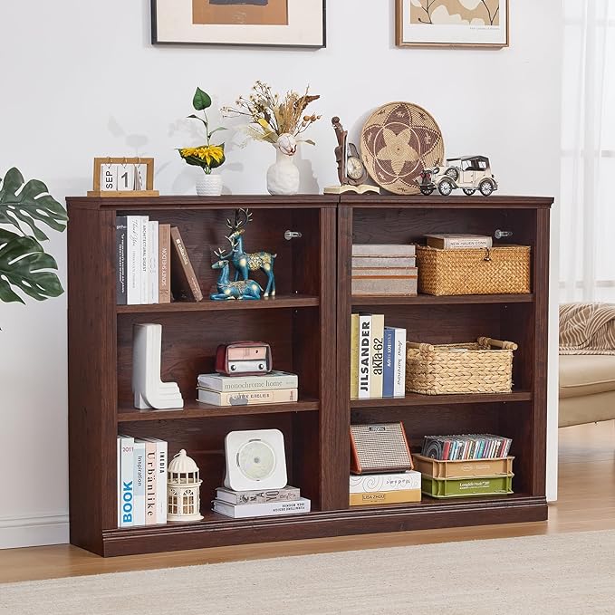 RWYHG 43" Walnut Tall Bookshelf Set of 2,3-Tier Thick Wooden Book Shelf with Adjustable Shelves,Free Standing Farmhouse Bookcase with Open Display Storage,Floor Vintage Bookshelves for Living Room