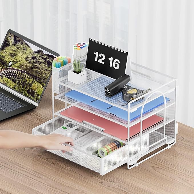 Marbrasse Desk Organizer and Accessories4-Tier Paper File Letter Tray Accessories & Workspace Desk Organizers with Drawer and 2 Pen Holders for School Home Office Supplies (White)