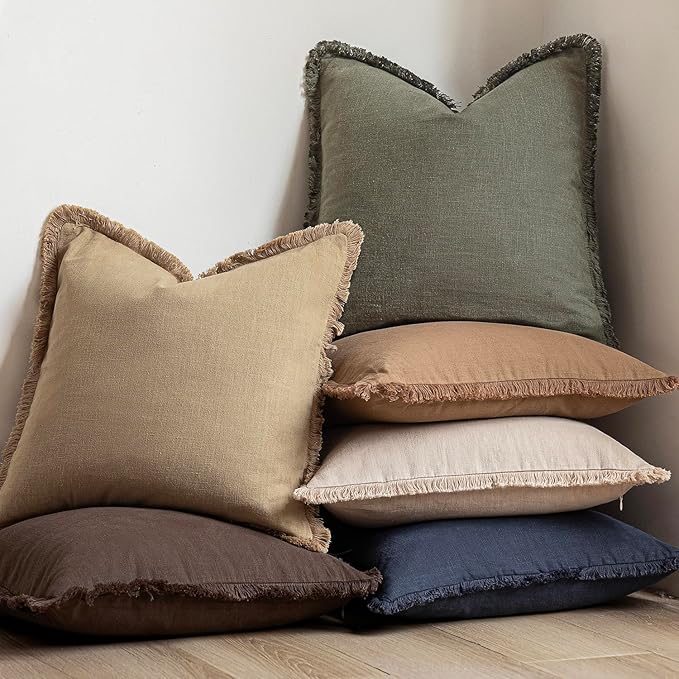 Foindtower Set of 2 Decorative Linen Fringe Throw Pillow Covers Boho Farmhouse Cushion Cover with Tassels Soft Accent Pillowcase for Couch Sofa Bed Living Room Home Decor,18×18 Inch,Reddish Brown