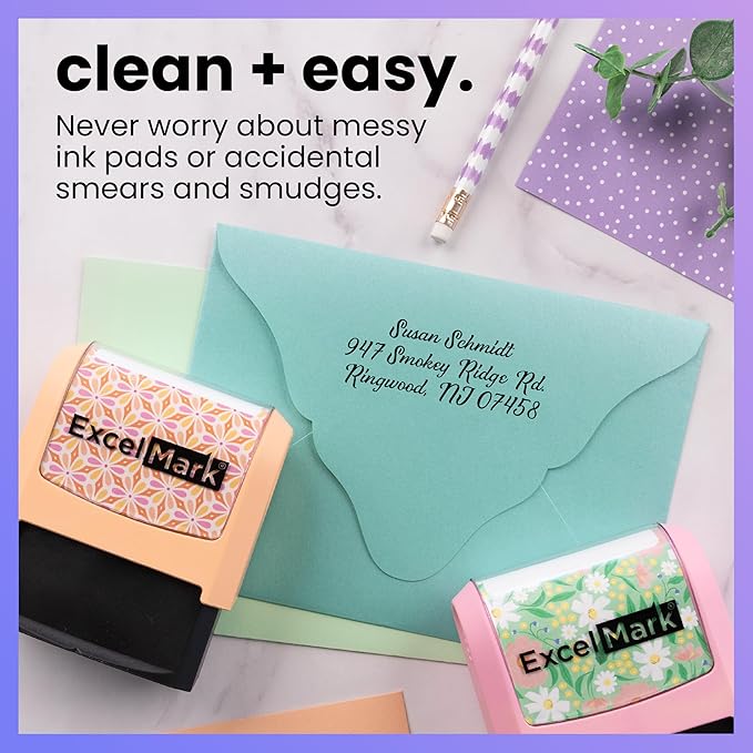 ExcelMark Address Stamp - Custom Return Address Stamp with Elegant Designs, Vibrant Colors & Patterns – Perfect for Mail, Invitations & Gifts (Peach Mount, Custom)