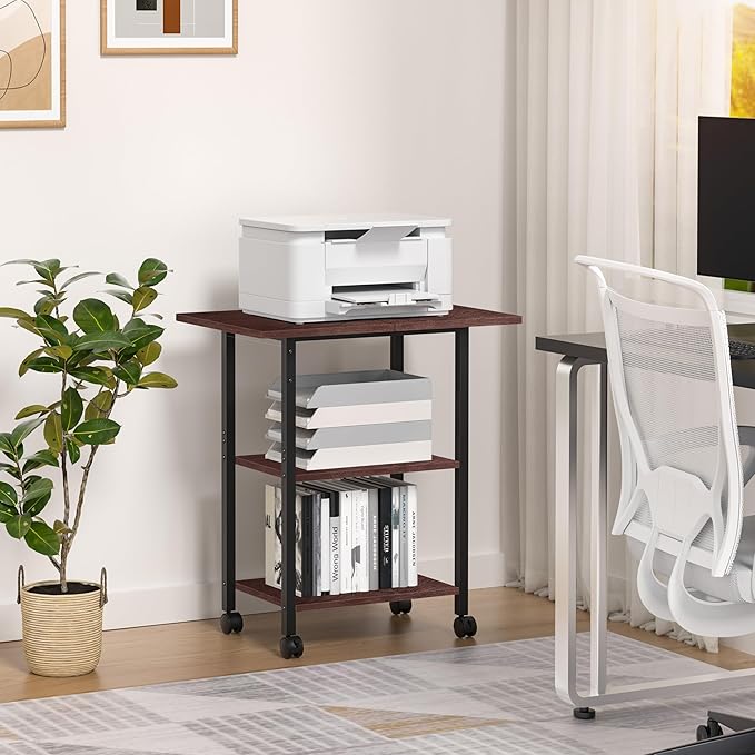 Lerliuo 3-Tier Printer Stand, Industrial Mobile Printer Table with Storage Shelf and Steel Frame, Rolling Printer Cart Holder with Lockable Wheels for Home, Office (Walnut)