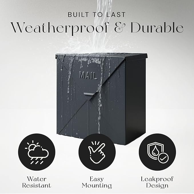NACH Mailboxes for Outside Wall Mount, 10 x 10 x 4 inch Black Mailbox, Waterproof Mailboxes for Outside - Chicago Style Mail Box