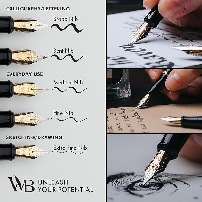 Wordsworth & Black Fountain Pen Set, Broad Nib, Includes 24 Pack Ink Cartridges, Ink Refill Converter & Gift Box, Chrome Finish, Calligraphy, [Silver Chrome], Perfect for Men & Women