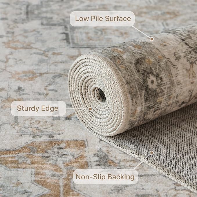 GENIMO 5FT Round Area Rugs for Living Room, Circle Rugs Machine Washable Low Pile, Chenille Non Slip Vintage Rug for Bedroom, Dining Room, Home Office, Light Taupe Brown