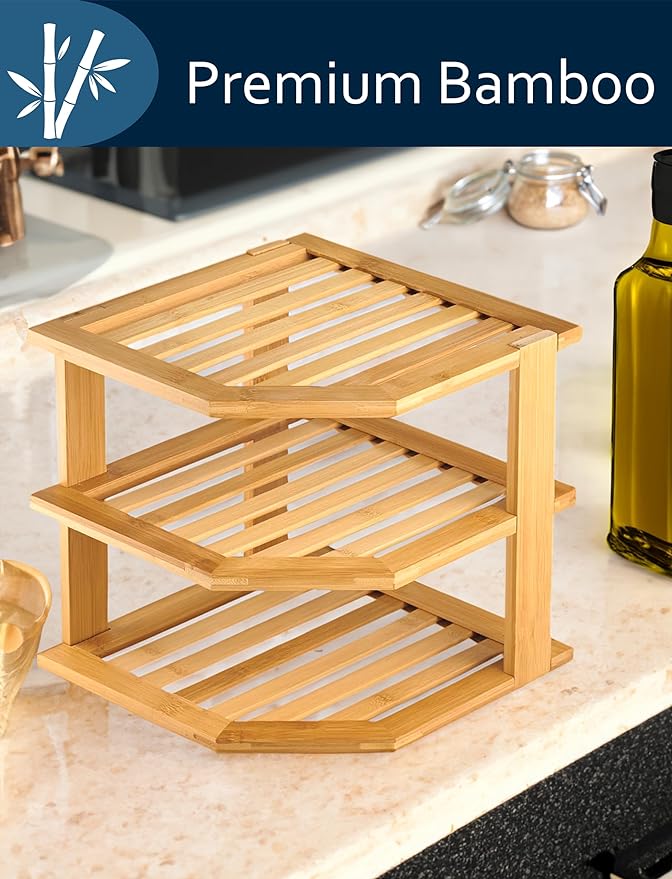RoyalHouse Bamboo 3-Tier Corner Shelf Organizer for Countertop & Kitchen Cabinet, Space Organizer for Kitchen and Bathroom