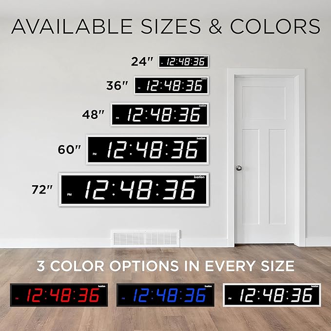 Ivation Huge Oversized 48" Large Digital LED Clock | Big Digital Clock w/Multi-Function Display – Stopwatch, Timer, Alarms, Temp & Date | 6 Brightness Levels, Time Memory & Remote (White)