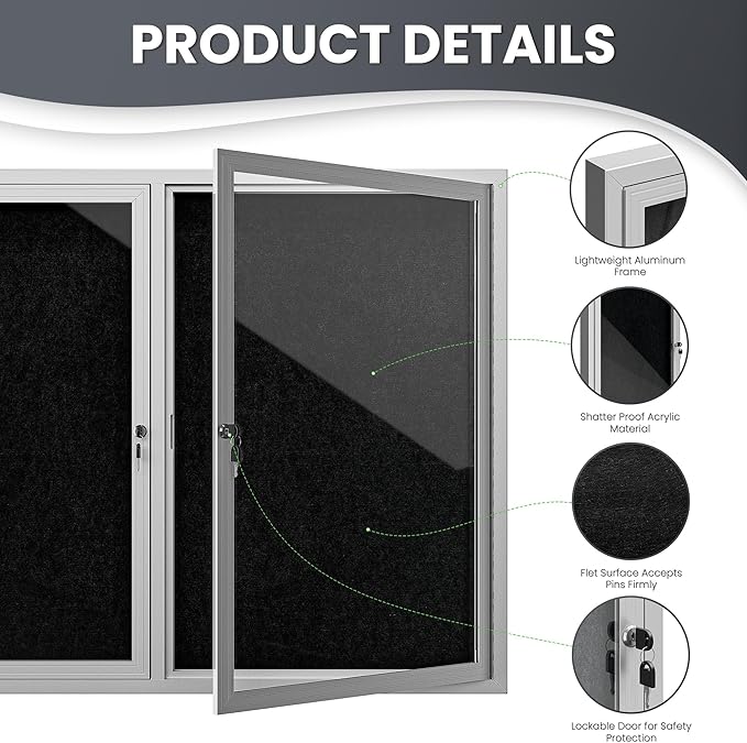 48"x36" Lockable Enclosed Bulletin Board, Outdoor Flet Weather-Resistant Aluminum Frame Notice Board, Wall Mounted Display Case Acrylic Doors for School,Office,Silver Frame w/Black Flet