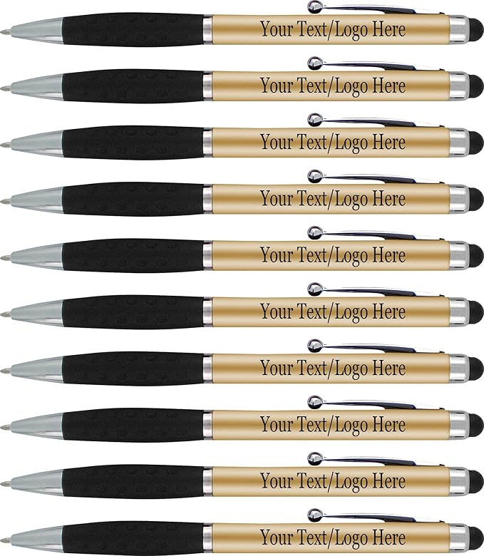 SyPen Personalized Pens With your Custom Logo or Text-600 Pack Bulk-for Businesses, Parties, and Events, 2 in 1 Ballpoint Pen & Stylus Compatible with Touchscreen Devices, Gold Barrel, Black Ink